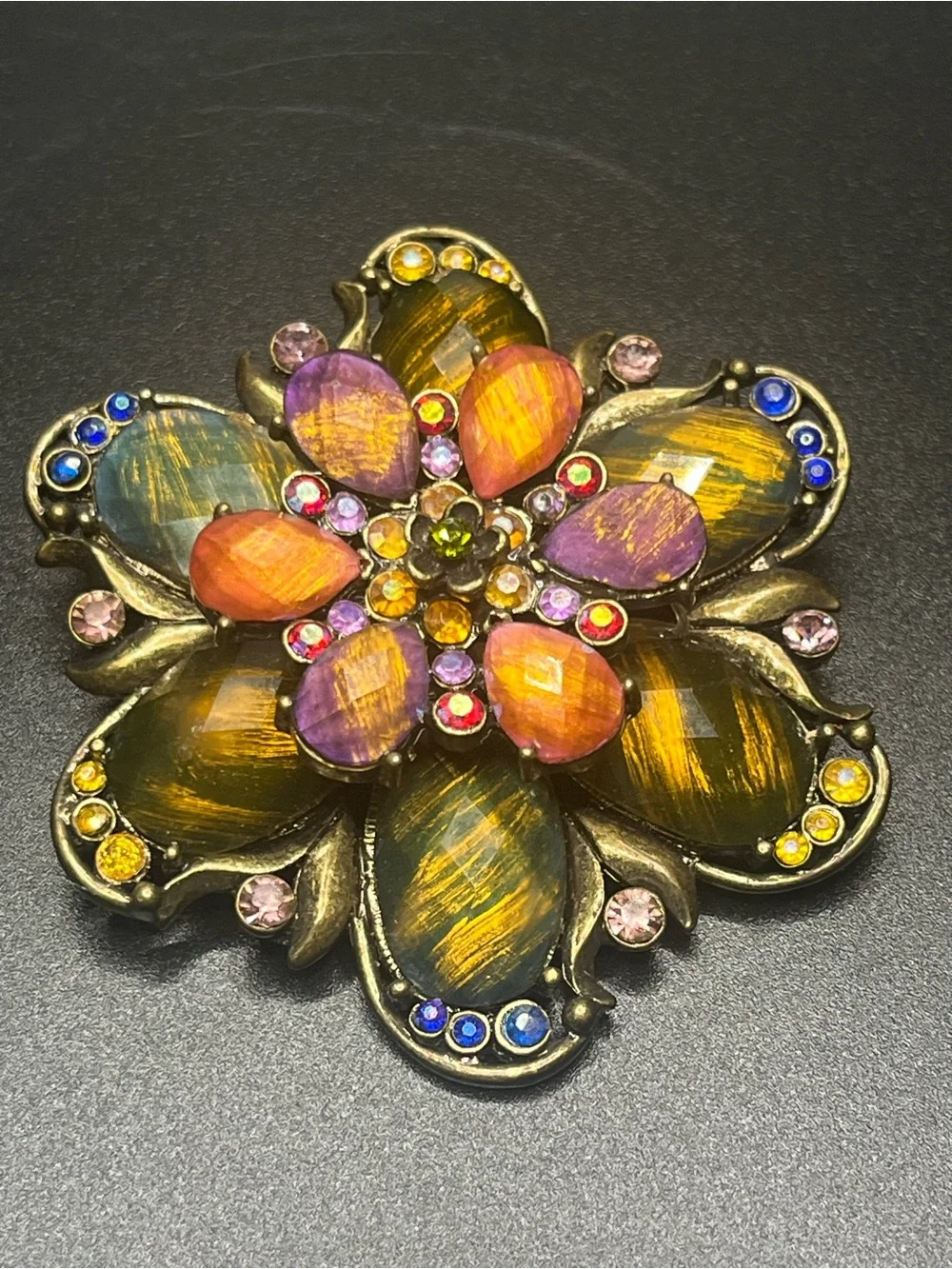 Vintage statement flower brooch iridescent resin rhinestone pin multicolor
